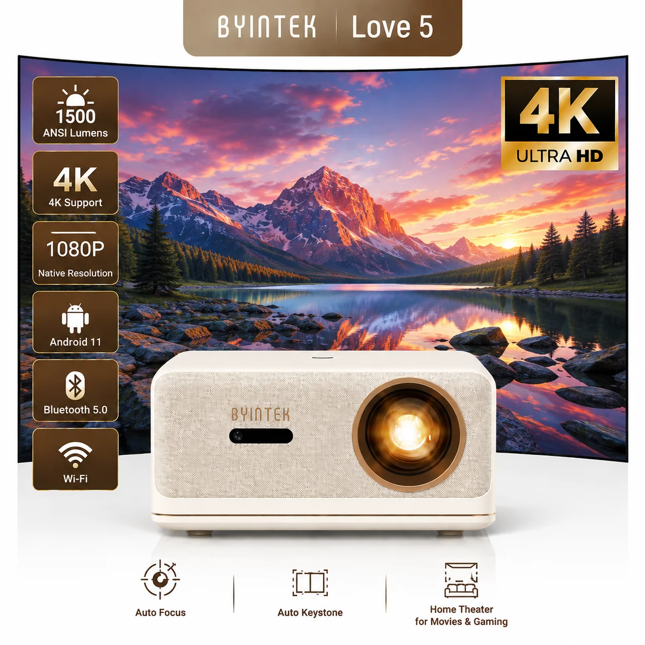 Projektor inteligentny BYINTEK LOVE 5 1080P 1500 ANSI Android 11 WiFi Bluetooth 5.0 Auto Keystone Obsługa 4K Kino Domowe Gry