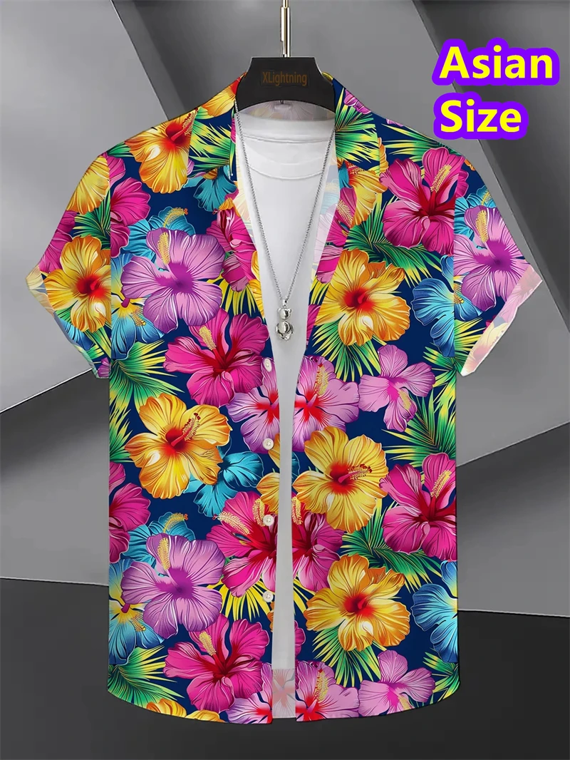 

Дешевые рубашки с цветочным принтом, мужская Гавайская праздничная блузка для вечеринок, 2025 г., пляжная рубашка с лацканами, корейская модная женская одежда с короткими рукавами и цветочным принтом