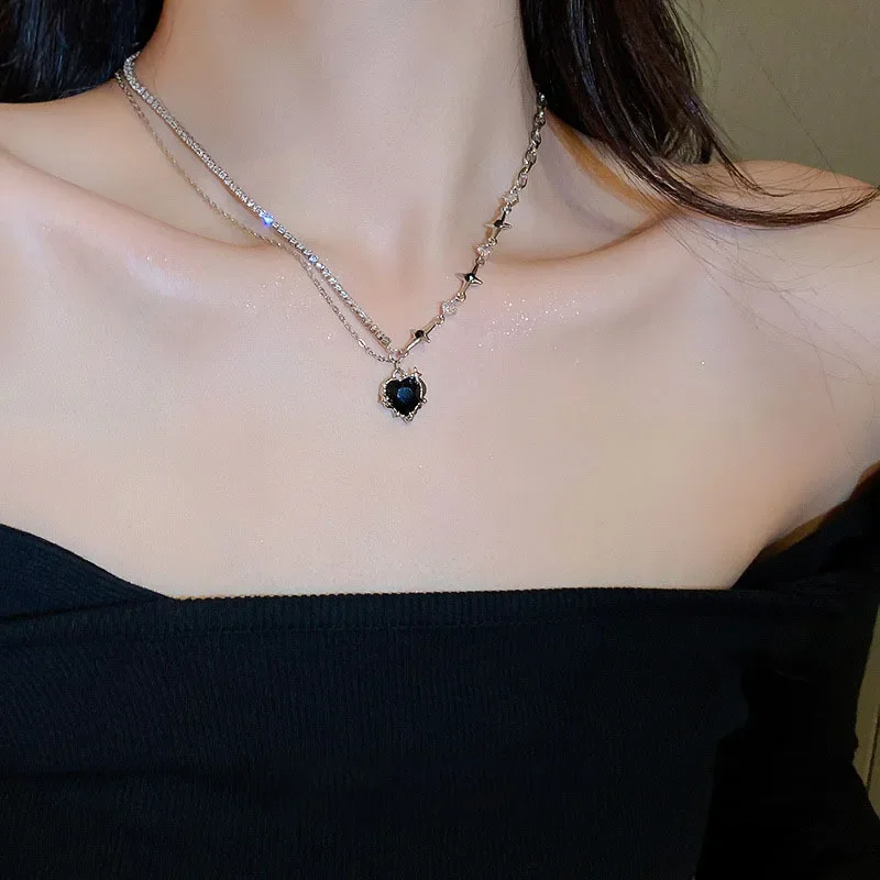 Y2K Purple Crystal Heart Pendant Necklace Women Sweet Cool Girl Punk Clavicle Chain Fashion Aesthetic Necklace Jewelry Gift 2023