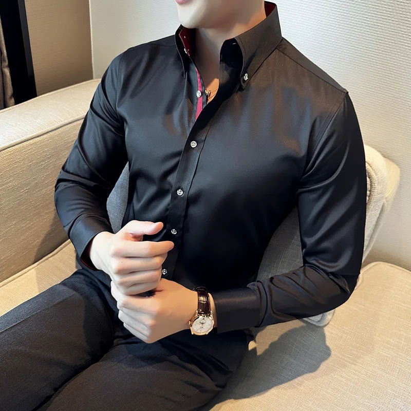 Shirts Men Dress Vertical Solid Color Shirts Slim Men Casual Long Sleeve Shirt Male Chemise Homme Tuxedo Shirt