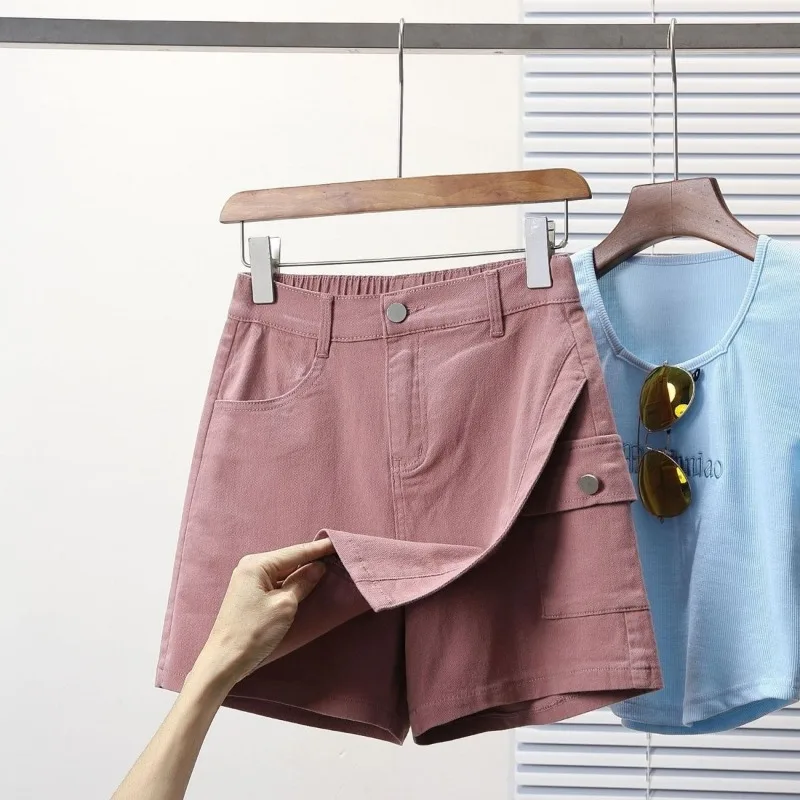 Large Size Thin Skirts Pants Summer Thin Elastic Waist Denim Fabric Prevent Wardrobe Malfunction Shorts 2 Color Solid Culottes