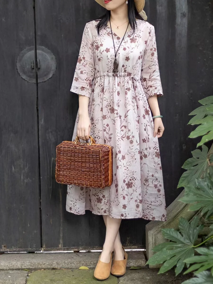 レディース綿麻Vネックラミードレス2025新作夏花柄ルーズロングドレスボヘミアンストリートウェア