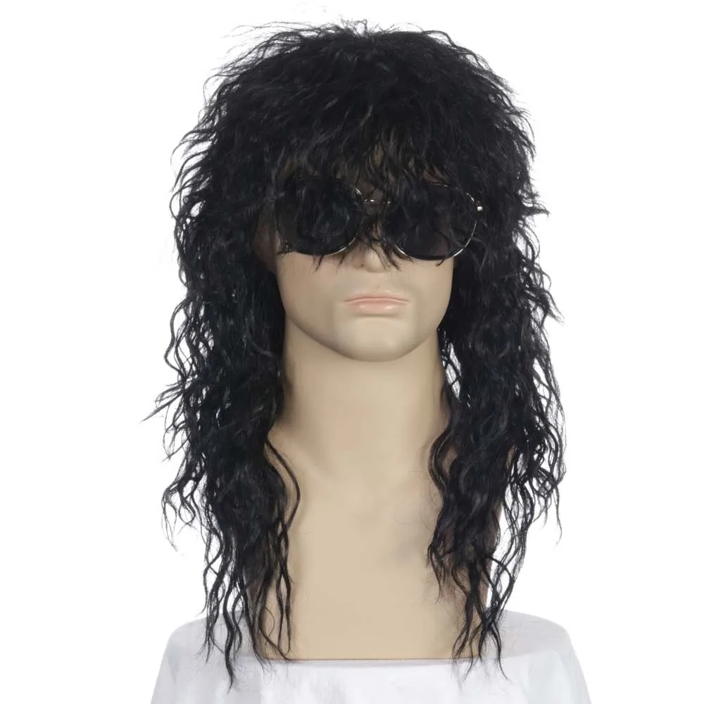 Men Long Synthetic Hair Wig Black  Brown Color Curly Hairpiece Punk Puffy Headgear For Disco Party Costume Halloween