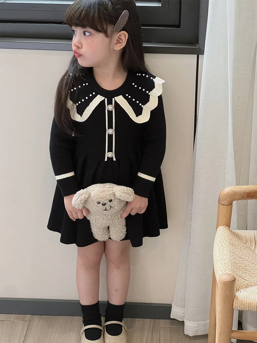 Girls Sweater Patchwork Dress Beaded Collar Lapel Winter Fall Dresses For Girls 2 3 4 5 6 7 8 9 10 Year White Black Clothing Kid