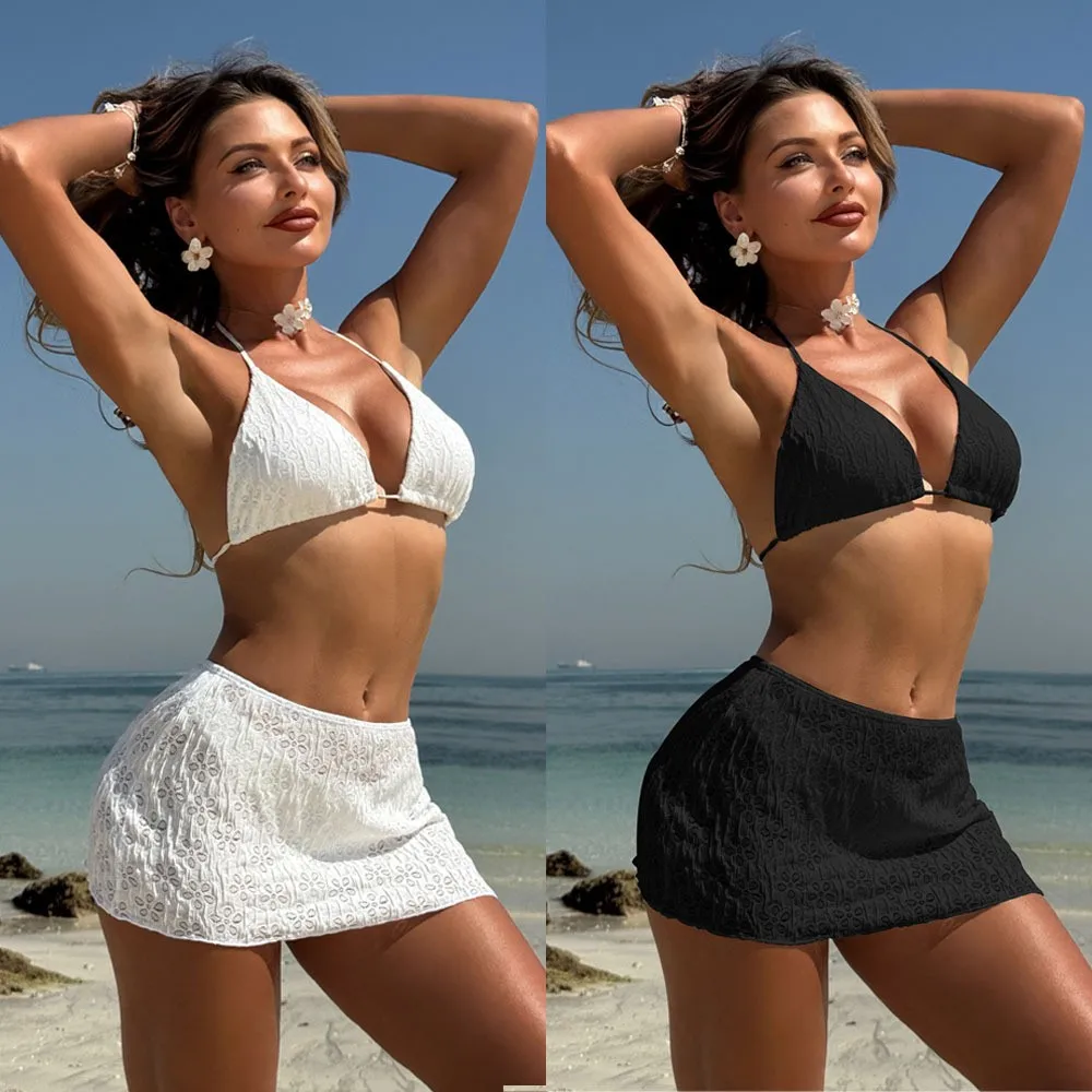 Swimwear Women Bikini Triangle Top White Bikinis Halter Neck Black Two Piece Swimsuit Mini Skirt Lace Pattern Bikini Set