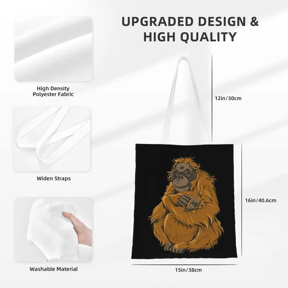 กระเป๋าช้อปปิ้งลายครอบครัวลิงอุรังอุตัง ผ้าแคนวาส กระเป๋าสะพายข้างพับได้สำหรับผู้หญิง กระเป๋าถือสำหรับเดินทาง