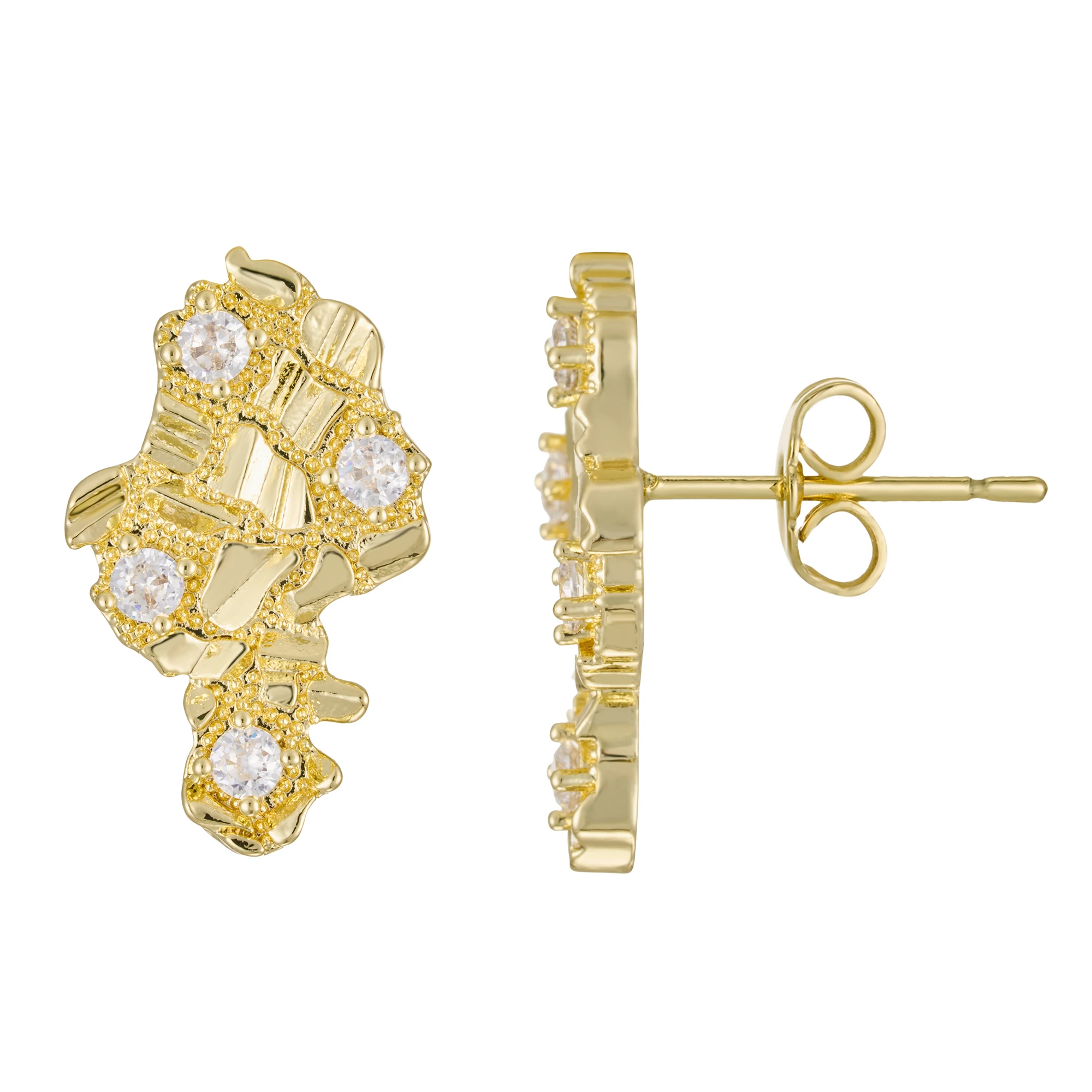 Unisex Hip Hop Africa Map Stud Earrings 14K Gold with CZ Cubic Zirconia Nugget Fashion Jewelry for Men And Women