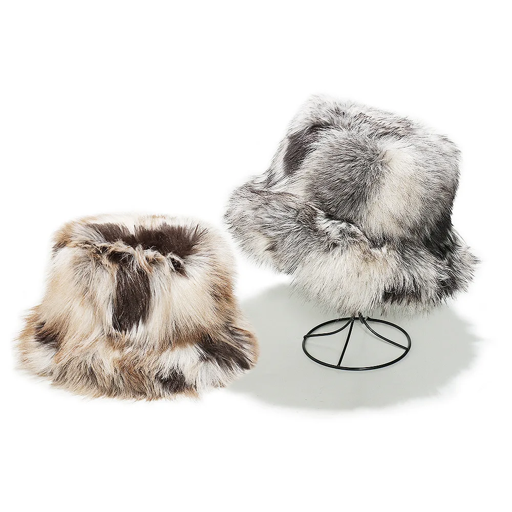 Women's Warm Faux Fox Fur Boater Hat Autumn Winter New Gradient Color Fisherman Cap with Ear Flaps