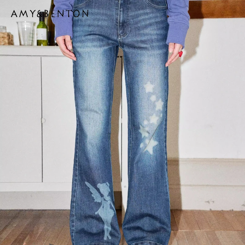 

Japanese Original New Blue Women's Trousers Spring Summer Star Print Retro Bell Bottoms Fashionable Versatile Slim Jeans Ladies