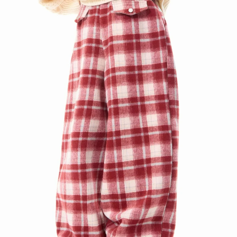 Amerikanische Retro-Design Rot Plaid frauen Casual Hosen 2025, Winter Neue Lose Dünne Vielseitig Warm Halten Breite bein Hosen Damen