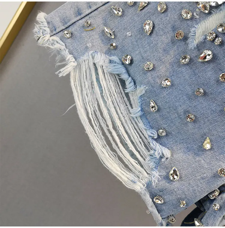 2024 Summer Women Ripped Tassel Hole Rhinestone Wide Leg Blue Denim Shorts , Fashion Bling Bling Shorts for Woman