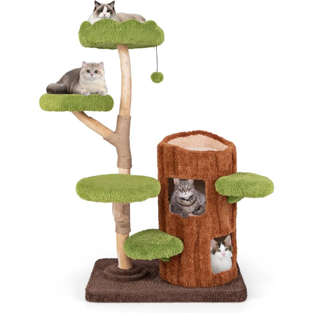 

LUCK Tangkula Solid Wood Cat Tree, Cute Cat Tower With Scratching Posts, 2-Tier Tree Hole Cat Condo, Wood Branches, Sisal Pane