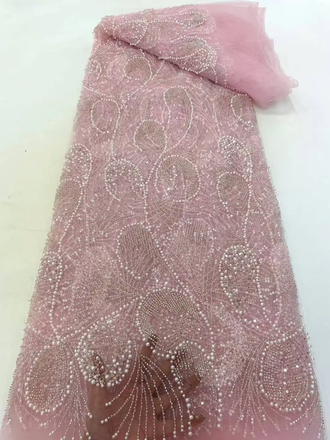 

Luxury Sequins Lace Fabric 2025 High Quality French African Net Beaded Lace Fabric Nigerian Embroidery Fabric For Wedding Party