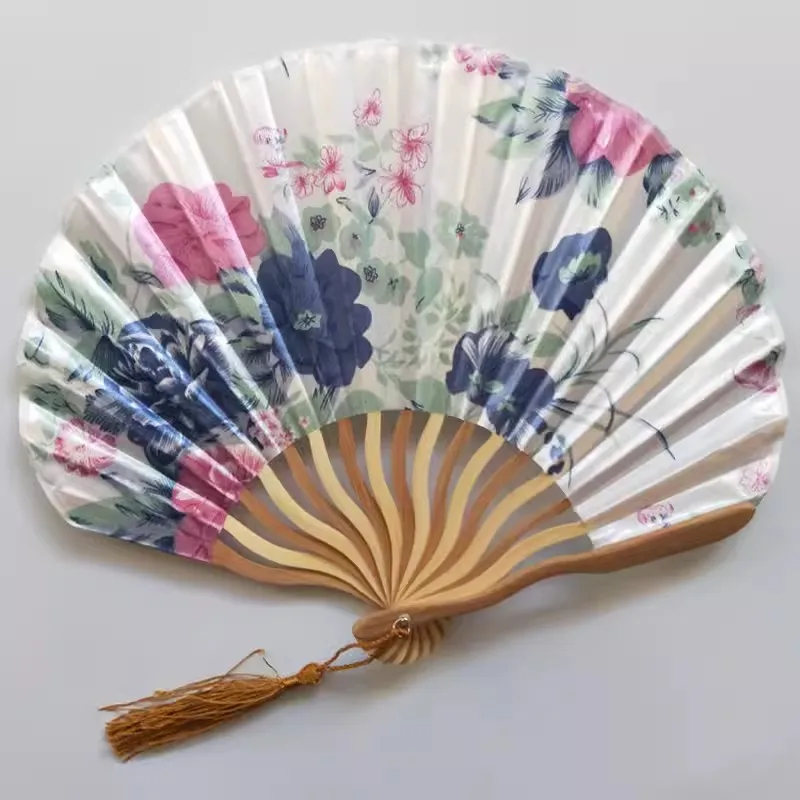 SLN Japanese Style Retro Shell Shaped Fan Silk Cloth Bamboo Folding Fans Wedding Hand Fans Single-side Flower Curved Fanbone