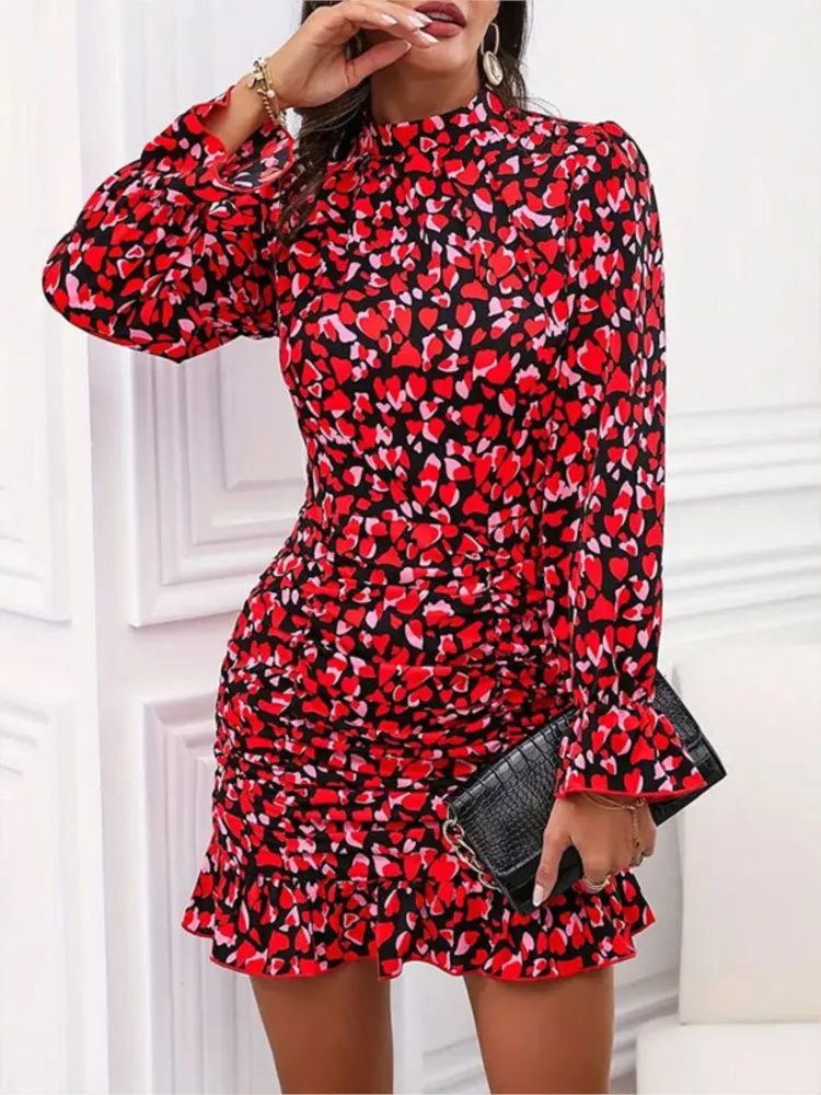 فستان أنيق مطبوع عليه زهور للنساء، أزياء بأكمام طويلة ورقبة واقفة وكشكشة، حزمة رفيعة، فساتين قصيرة على الورك، ملابس للعطلات للسيدات