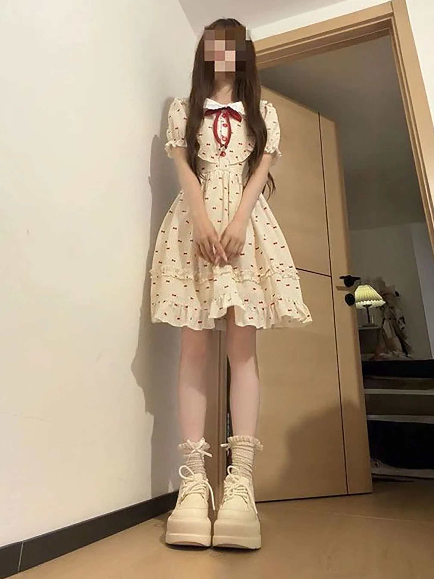 

2026 New Gentle Tea Break Style Doll Collar Slim Fit Floral Dress Bubble Sleeve Princess Short Skirt Women's Summer Dress