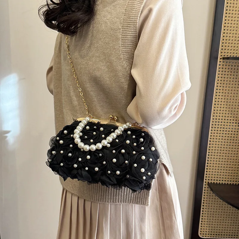 

Floral Shell Crossbody Bag for Girls Lace Fragrance Style with Pearl Chain Small Shoulder Bag