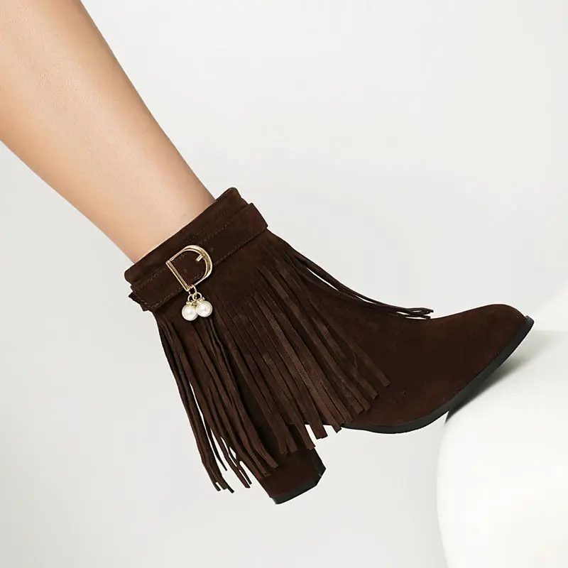 

Girseaby, женские ботильоны для зрелых женщин, круглый носок, блочные каблуки, 6,5 см, застежка-молния, ремень с пряжкой, декор, большой размер 433, модная обувь с бахромой