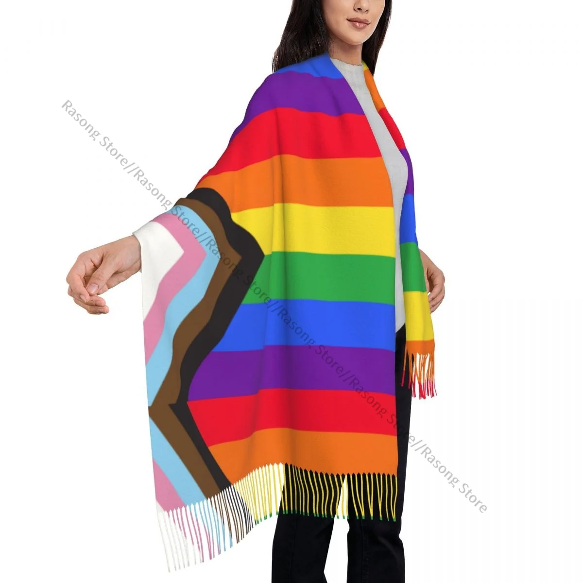 Rainbow Flag Gay Pride ผ้าพันคอฤดูหนาวยาวพู่ขนาดใหญ่ผ้าพันคอนุ่ม Pashmina