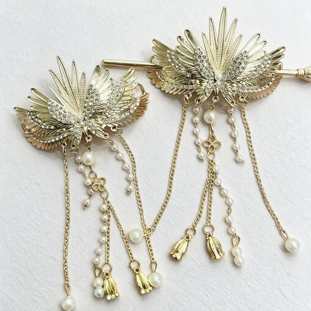 New Chinese Style Golden Phoenix Hair Sticks Pair Faux Pearl Rhinestone Tassel Pins For Hanfu Cheongsam Wedding Hair Accessories