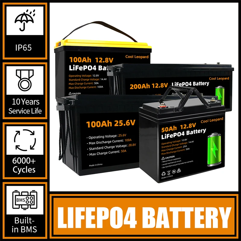 

12V 24V 50Ah 100Ah 200Ah Rechargeable LiFePo4 Battery,for 12.8V RV Boats Motor Forklift Replacement Battery Built-in BMS