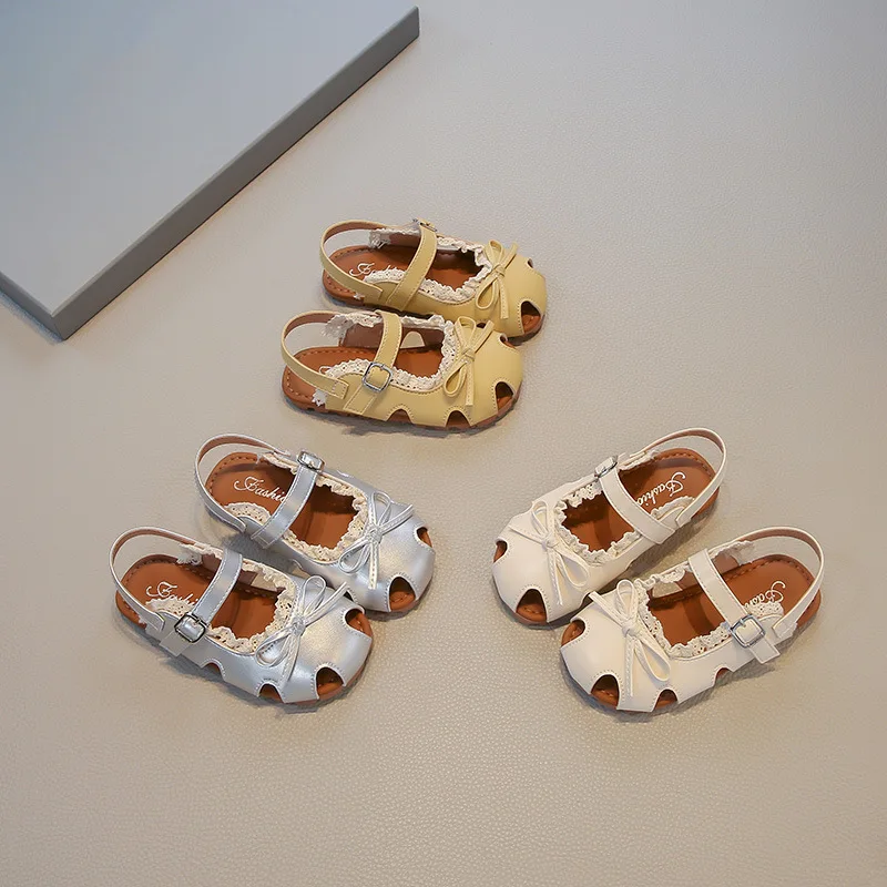 

Girls Sandals Summer New Little Kids Lace Bow Princess Slipper Soft Sole Closed Toe Beach Shoes Size 21-30