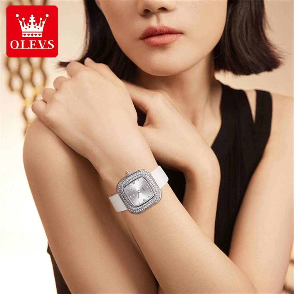 OLEVS 5512 Square Diamond Women Watches Original Luxury Waterproof Leather Strap Elegant Dress Wristwatch for Lady