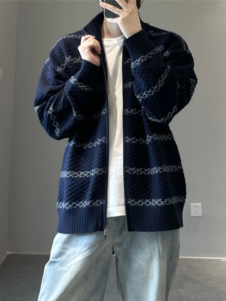 

High-End Striped Knitted Sweater Men's Spring Autumn Korean Sle Top Stand Collar Open Cardigan Outerwear Color Blo Design