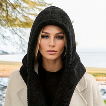 New Design Women's Solid Color Plush Winter Thick Warm Hooded Scarf Outdoor Luxurious Women's 220X10Cm