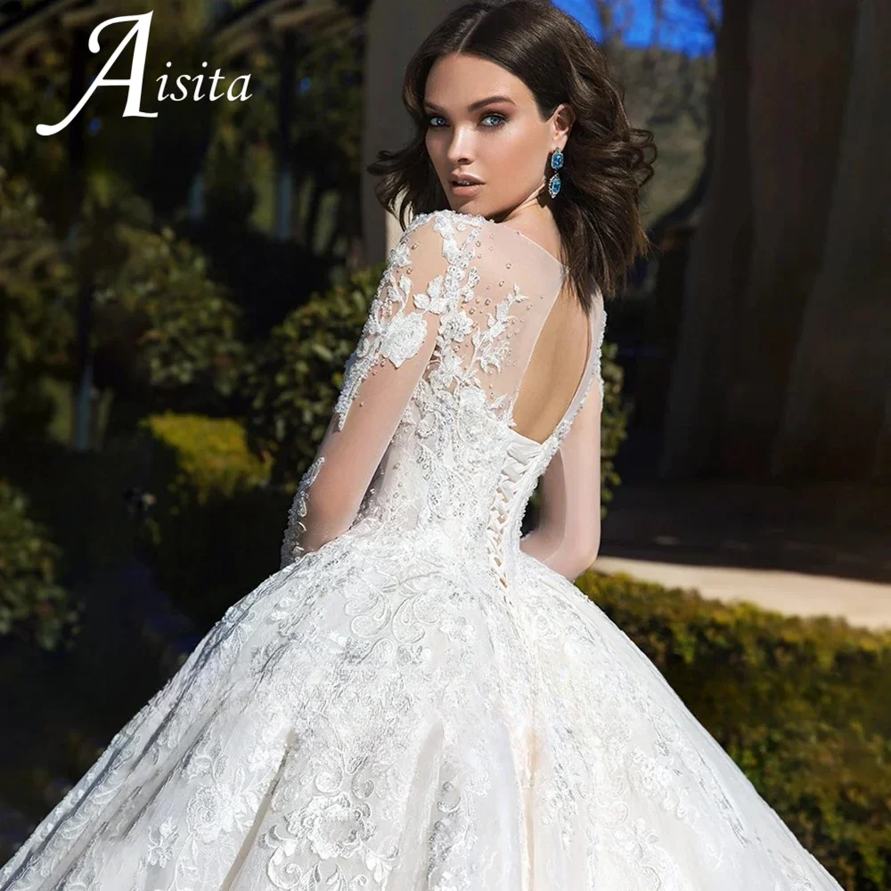 Abiti da sposa O-Collo personalizzati 2025 Maniche lunghe A-Line Abito da sposa Applicazioni di pizzo di cristallo Scoop Abito da sposa Vestido De Novia