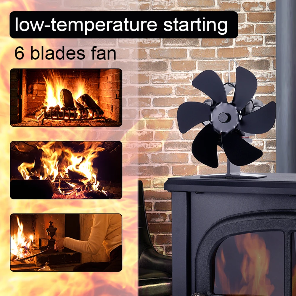 6 Blades Heat Powered Stove Fan Black Fireplace Fan Log Wood Burner Eco-fan Quiet Heater Home Efficient Heat Distribution