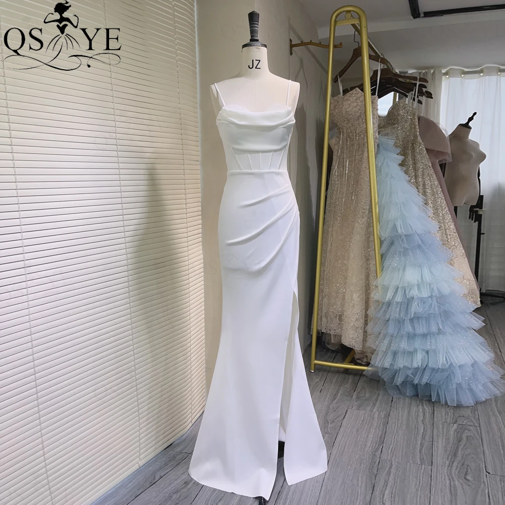 Cowl Neck White Wedding Dresses 2024 Mermaid with Slit Fit Crystal Bead Prom Dress Ruched Boned Corset White Evening Dresses