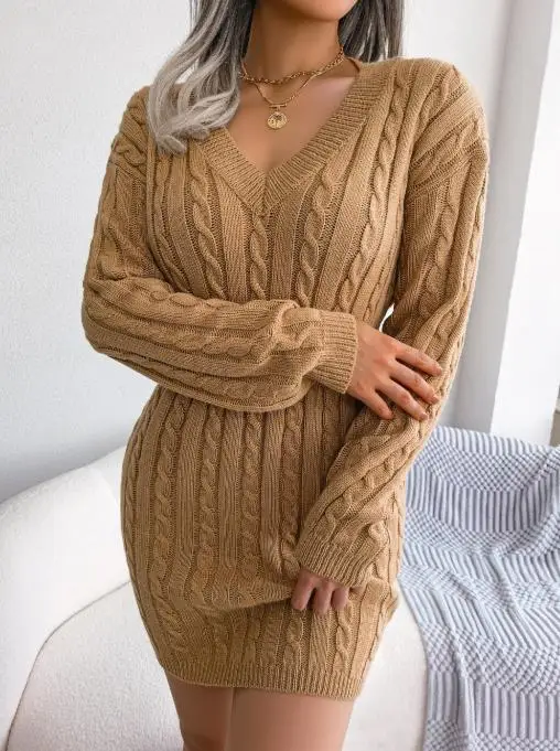 

Autumn and Winter 2025 Solid Color V-Neck Waist Bag Hip Knitted Dress for Women, Elegant, Fashionable, and Sexy Knitted Dress
