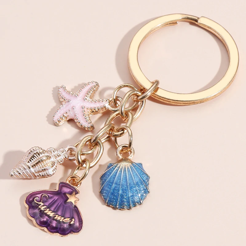 Cute Keychain Colorful Starfish Shell Conch Key Ring Beach Key Chains Sea Souvenir Gifts For Women Girls DIY Handmade Jewelry