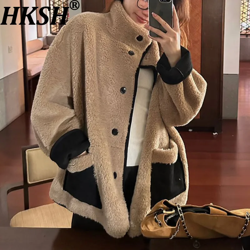 

HKSH Autumn Winter New Women Warm Jacket Stand Collar Single Breasted Pockets Color Block Elegant Trendy Casual Ins Coat HK13288