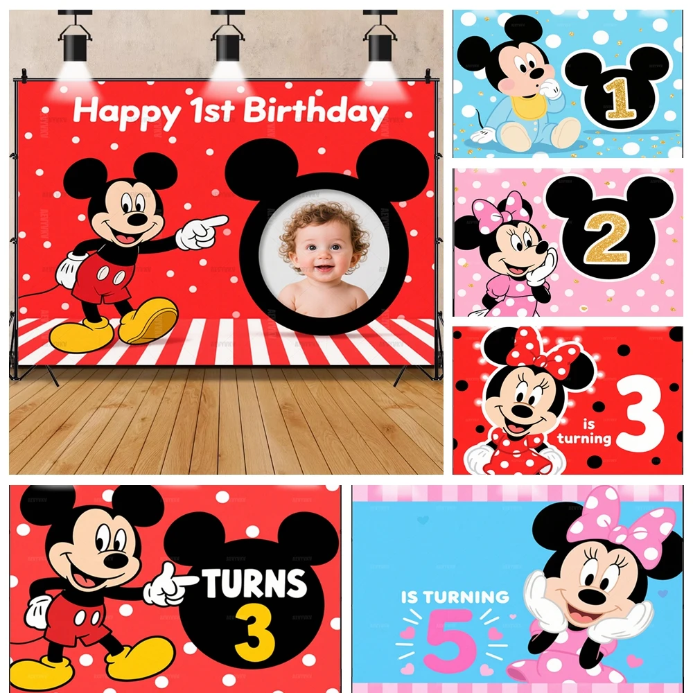 

Disney Mickey Minnie Backgrounds Cute Cartoon Children's Birthday Party Decoration Banner Party Gifts Baby Photo Props Custom