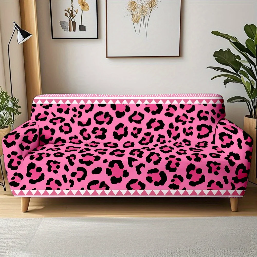 1pc Pink Leopard Print with Tribal Border Stretch Sofa Cover, Removable Washable Couch Slipcover for Bold Boho Home Decor