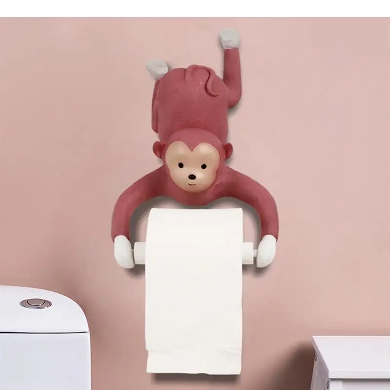 Resin Monkey Wall-mounted Tissue Holder Paper Roll Cartoon Animals Pink Towel Storage Rack Decorative Ornaments