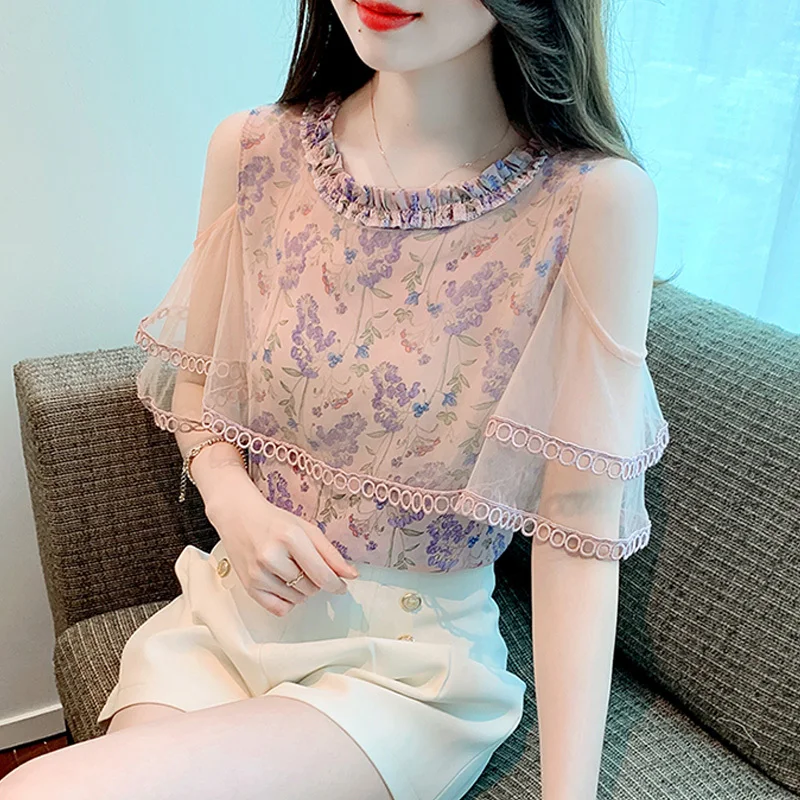 Summer Fashion Short-Sleeved Off Shoulder Chiffon Shirt Women\'s Clothing 2023 New Beautiful Mesh Top Super Fairy Blusas