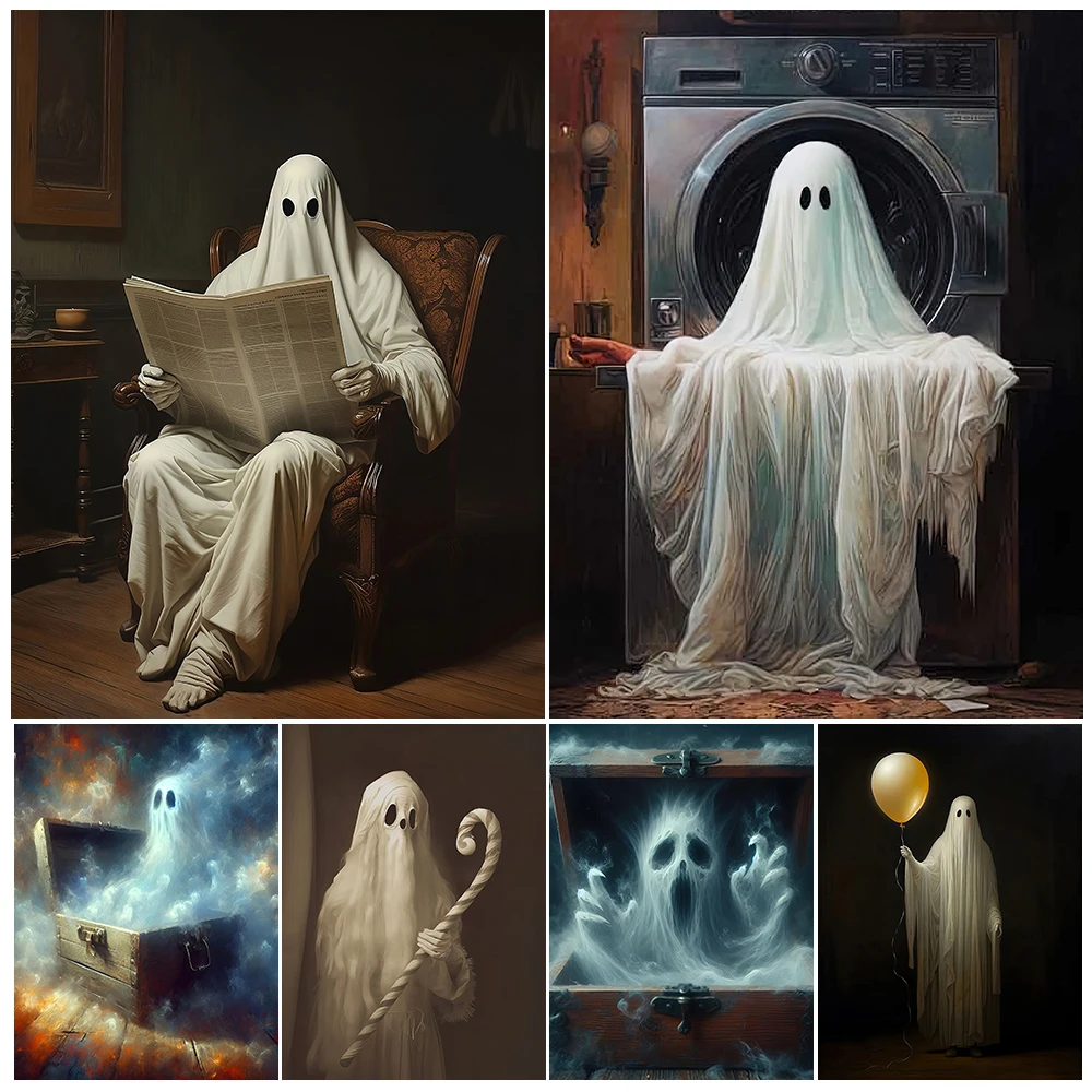 

Ghost Box And Ghost Bath Funny Art Poster And Print,Candy Cane Ghost Gothic Wall Art Canvas Painting,Home Decoration Unframed