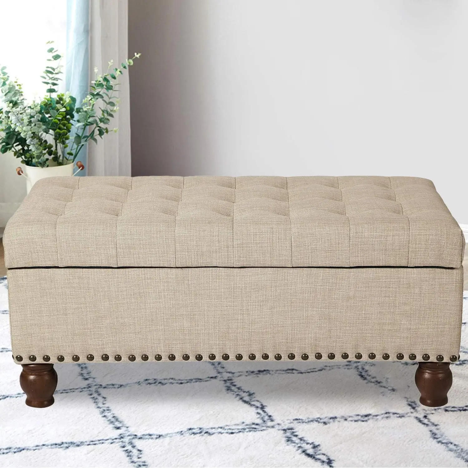 

Linen Fabric Rectangle Tufted Lift Top Storage Ottoman Bench, Footstool with Solid Wood Legs Upholstered Storage Bench