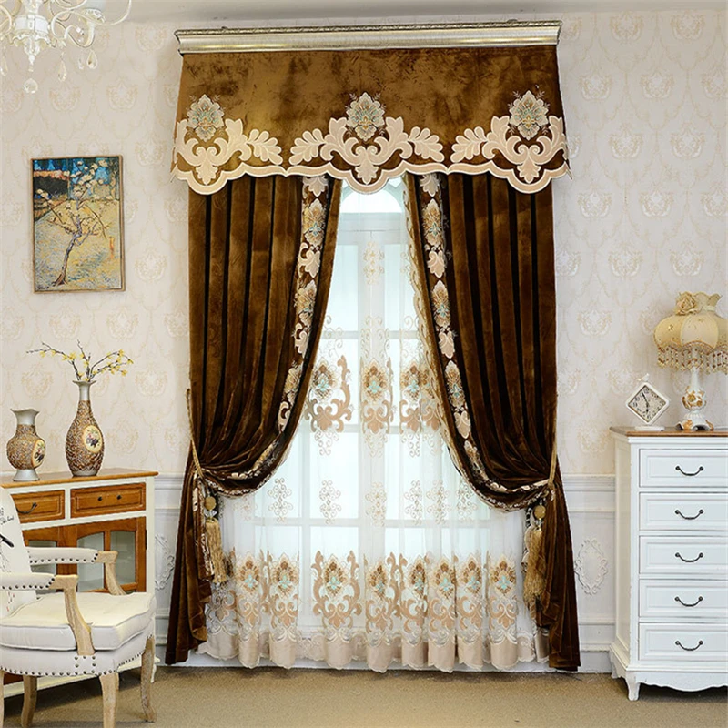 

Custom bedroom luxury solid Italian flannelette embroidered coffee velvet cloth blackout curtain tulle valance drape C1692