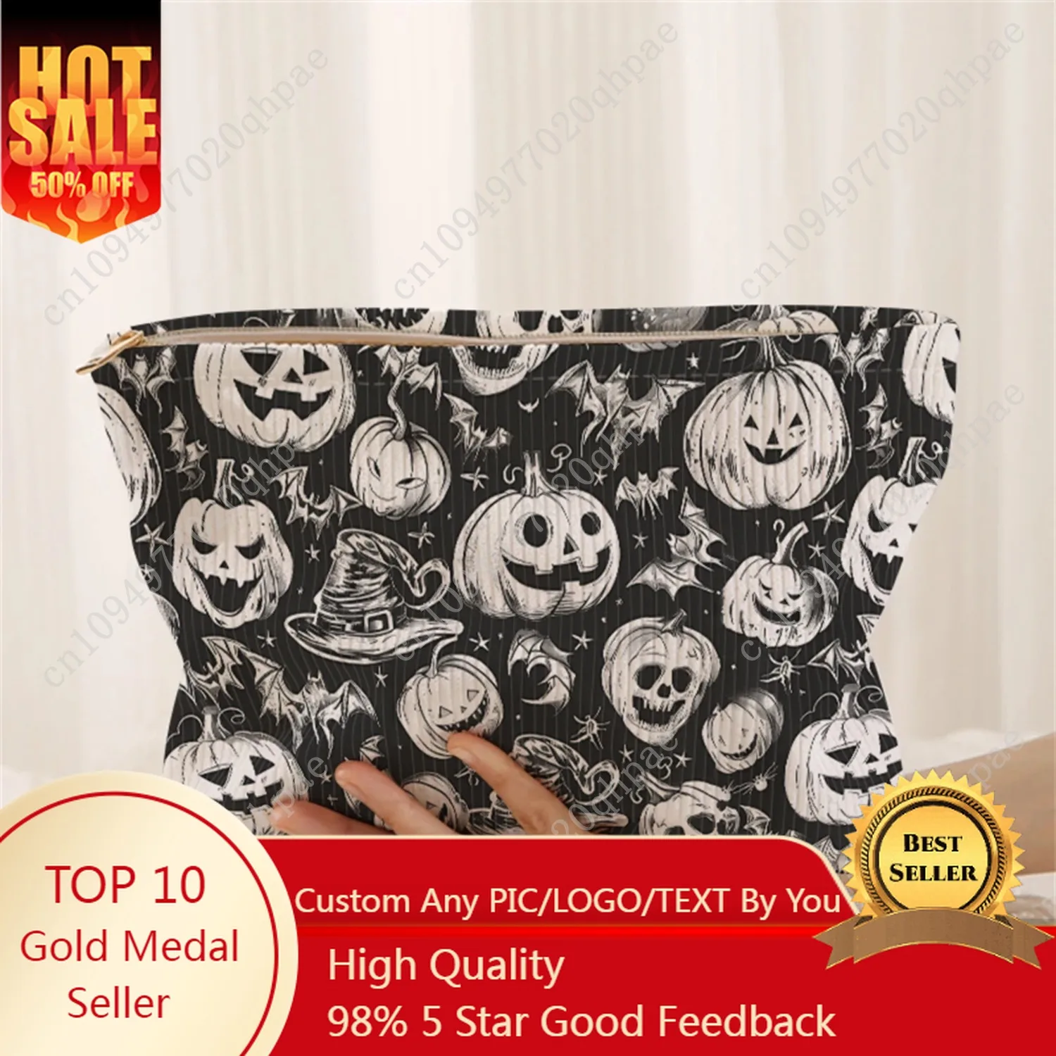 

1 pumpkin and bat patterned corduroy makeup bag, lightweight zipper makeup storage box, multifunctional bag with lining