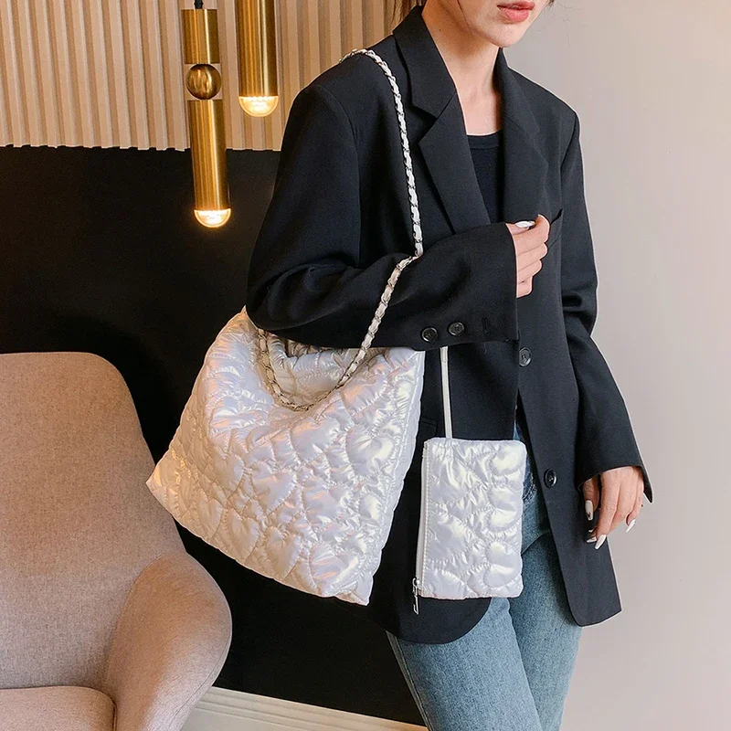 LEFTSIDE large Silver Shoulder Bag for Women 2023 Korean Fashion Y2K Designer Soft Hobo Bag Trends Winter Handbags and Purses