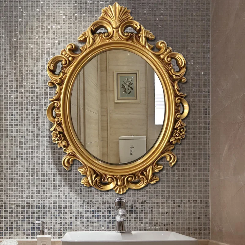 

Antique Bathroom Mirror Golden Luxury Oval Makeup Bathroom Mirror Vintage Designed Espelho Banheiro Decoration Home CC50BM