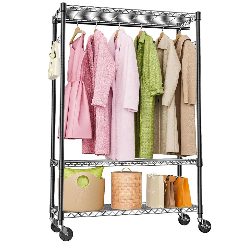 

Heavy Duty Rolling Garment Ra 3 Tiers Adjustable Wire Shelving Clothes Ra With 1 Rods And Side Hooks,Storage Closet Clothing Ra