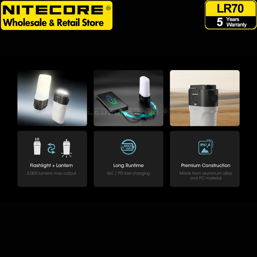 3-in-1 NITECORE LR70 USB-C Rechargeable Lantern Flashlight & Fast Charge Power Bank & Portable Camping Tent Light