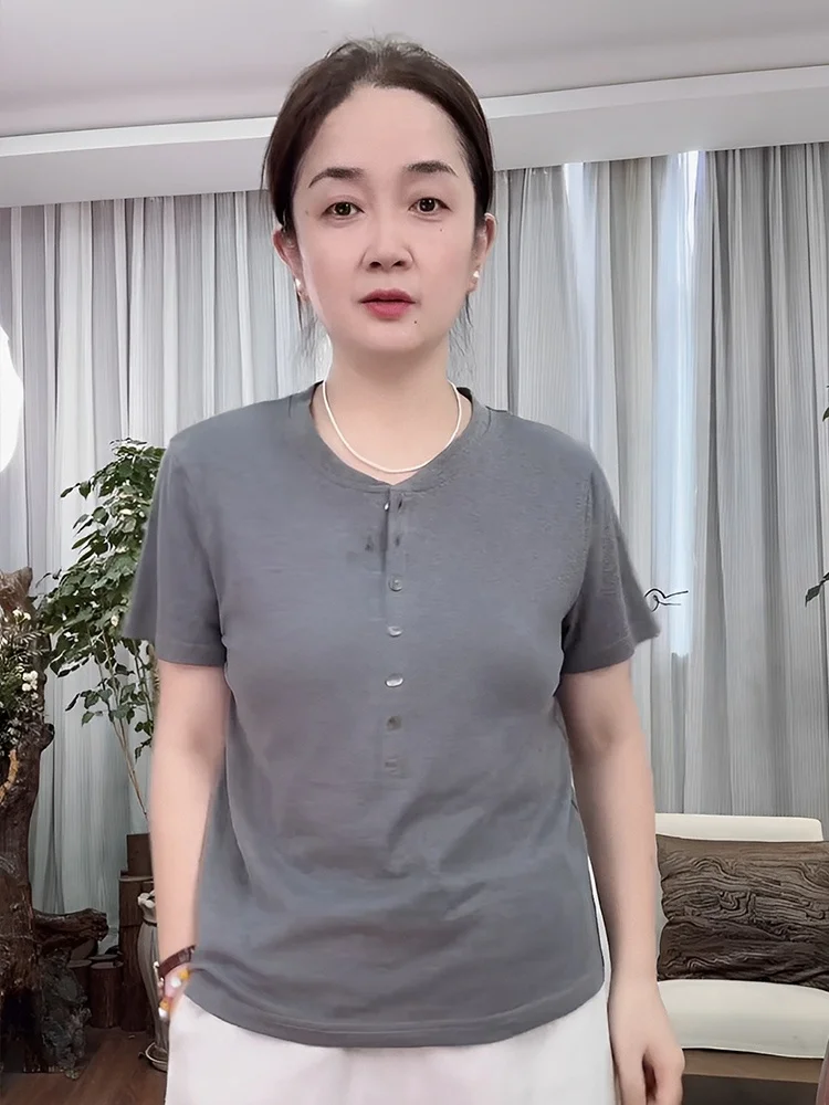 

Maang Han Han ort Sve T-irt Women's Summer Thin Semi-Unbuttoned Cotton Linen Casual round Ne Top Breathable Skin-F...