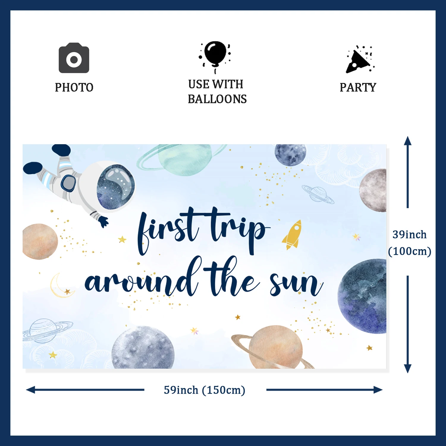 Space Astronaut Theme First Trip Around the Sun Background with Starry Sky Alien Planet Pattern Boy Baby Shower Party Supplies