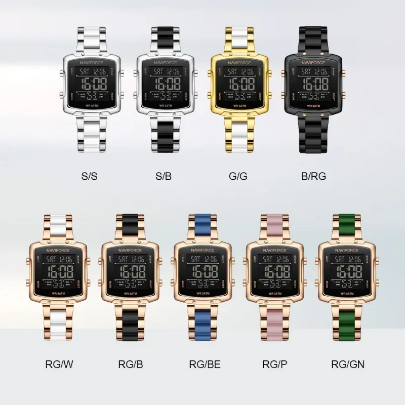 NAVIFORCE NF5057 Women's LCD Lighting Leisure Watches Elegant Digital Alarm Stopwatch Time Display 3ATM Waterproof Watches